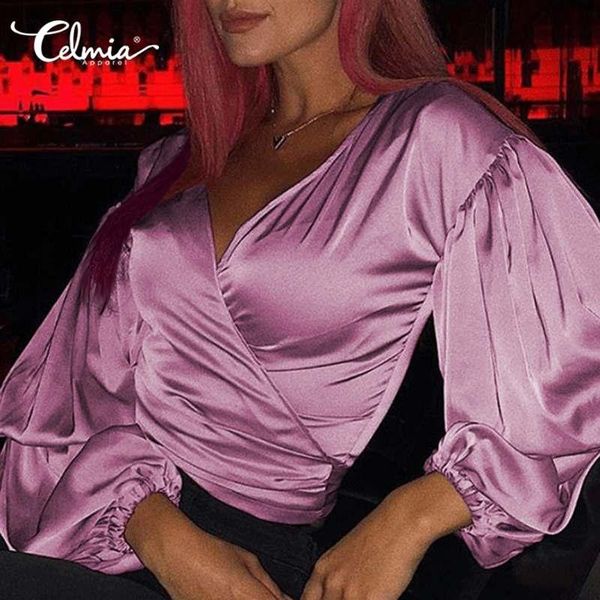 

celmia elegant satin blouse women fashion lantern sleeve silk v-neck office shirt long sleeve bow tie casual blusas 5xl, White