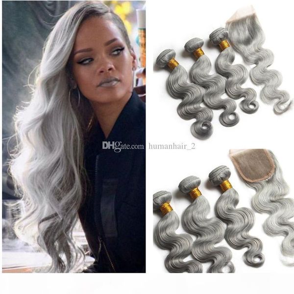 

grey body wave virgin hair 3 bundles with lace closure sliver grey brazilian human hair weaves with lace closure, Black;brown