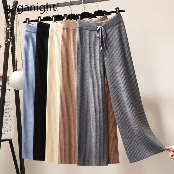 

women's pants & capris gaganight fashion women knitted wide leg pant elastic waist solid causal loose trousers korean plus size autumn, Black;white