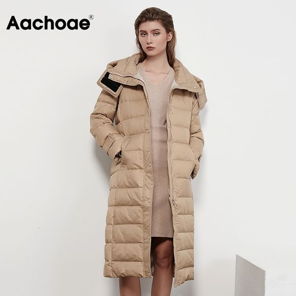 

aachoae solid winter white duck down coat women with belt elegant hooded long coats lady long sleeve casual ultra light overcoat 201103, Black