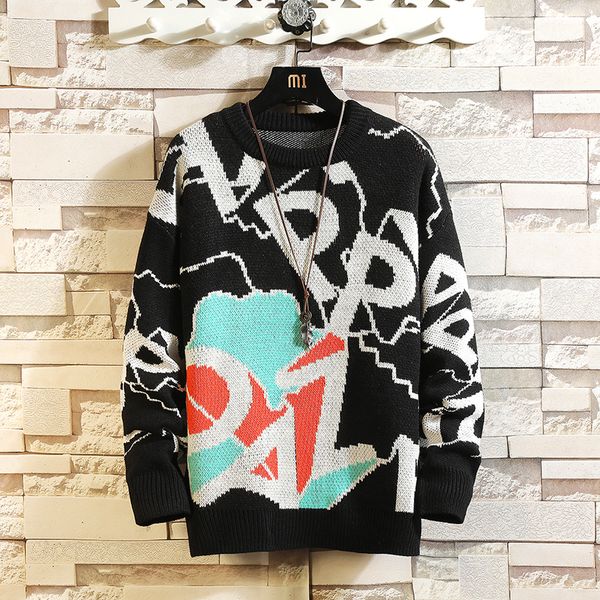 

2021 o neck printed knitted men sweaters autumn new men's pullovers cartoon man streetwear fashion casual knitwear zc0a, Black