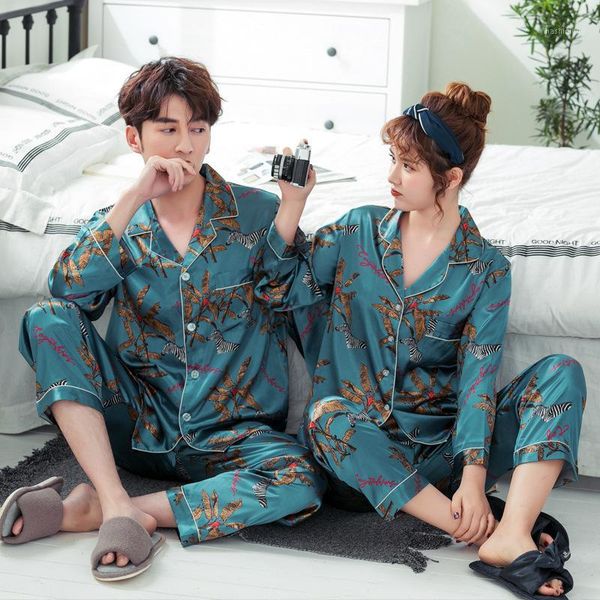

luxury men's summer silk casual pajama sets couple women's sleepwear pajamas lovers sleepwear home pijama loungewear1, Black;brown