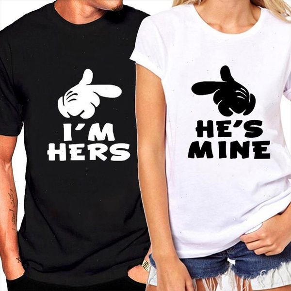 

hes mine im hers letter print couple t shirt short sleeve o neck loose lovers tshirt summer women tee shirt, White