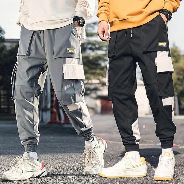 

men's pants pocket elastic men sporty for hip hop causal runnings high street jogger male trousers streetwear, Black