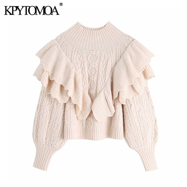 

kpytomoa women 2020 fashion ruffled cropped knitted sweater vintage high neck lantern sleeve female pullovers chic, White;black