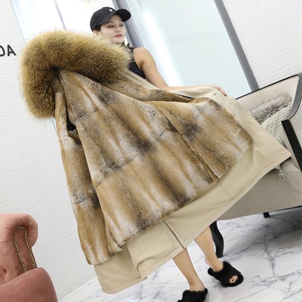 

women 2020 thick coat streetwear big natural raccoon fur collar hood with real fur liner winter real parka jacket1, Black