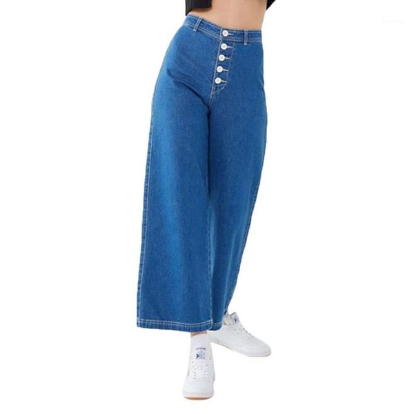 

women high waist jeans casual denim single-breasted button loose straight wide leg pants jeans women trousers clothes1, Blue