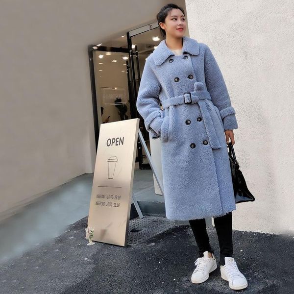 

women long winter warm sheep wool coat natural sheep fur casual jacket long belt button overcoat plus size outwear ksr6841, Black