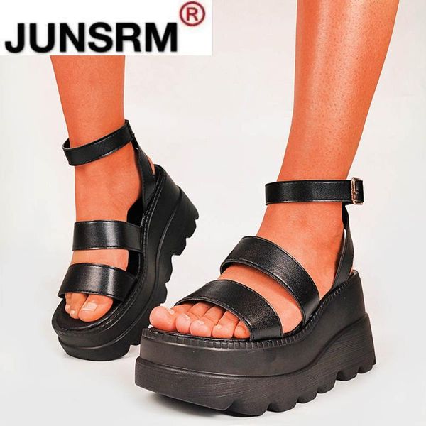 

junsrm large size 43 female platform buckle strap street summer shoes punk black gothic wedges women sandals chunk sandals