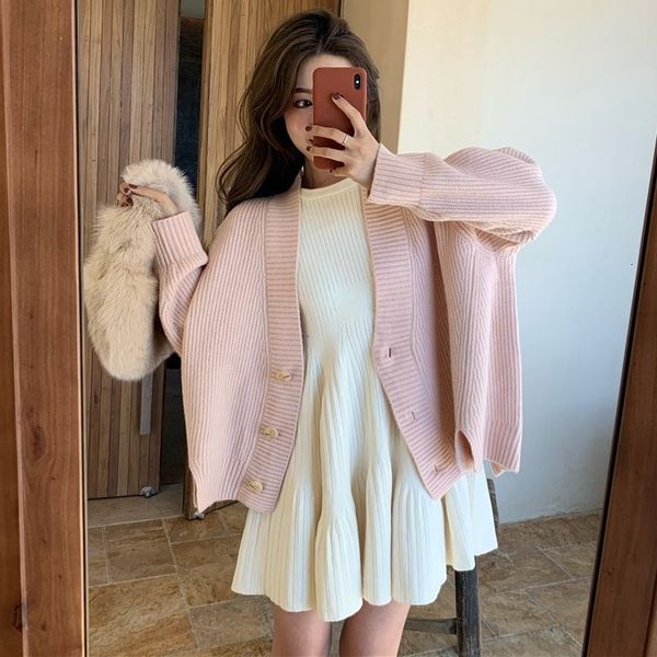 

fall 2020 new loose cardigan sweater coat + knitwear dress two piece set fashion suit for women