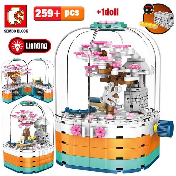 

sembo creative led light rotating box building blocks friends city street view cherry blossom house tree bricks toys for kids bbykco
