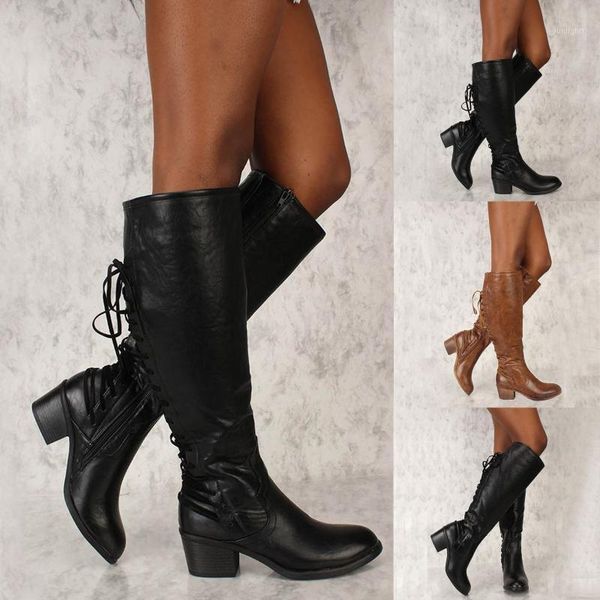 

women's winter shoes lace-up square heel boots plus big size round toe retro women shoes middle tube boots#10301, Black