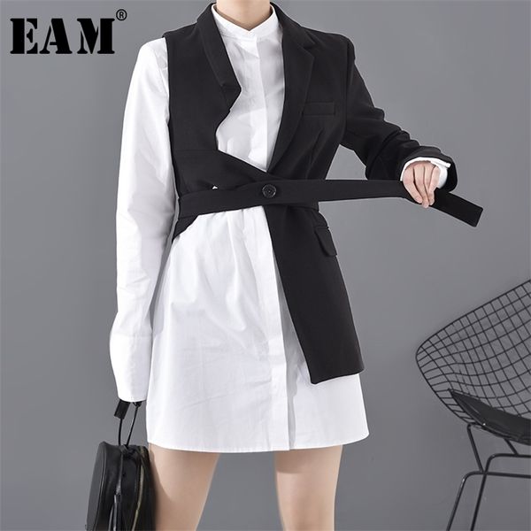 

[eam] women black asymmetrical contrast color blazer new lapel long sleeve loose fit jacket fashion spring autumn 2020 lj201214, White;black