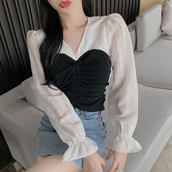 

women elegant chiffon blouse spring autumn sleeve drawstring korean style v-neck shirt1, White