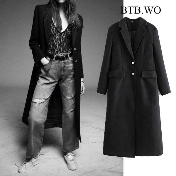 

btb.wo women 2020 fashion chic single breasted wool coat women elegant pockets long sleeve female outerwear chic overcoat, Black