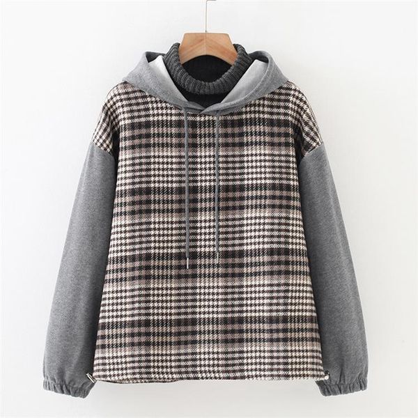 

2021 winter ladies sweatshirt plus fleece hooded sweatdshirt women's casual fashion korean loose large size grid pullover, Black