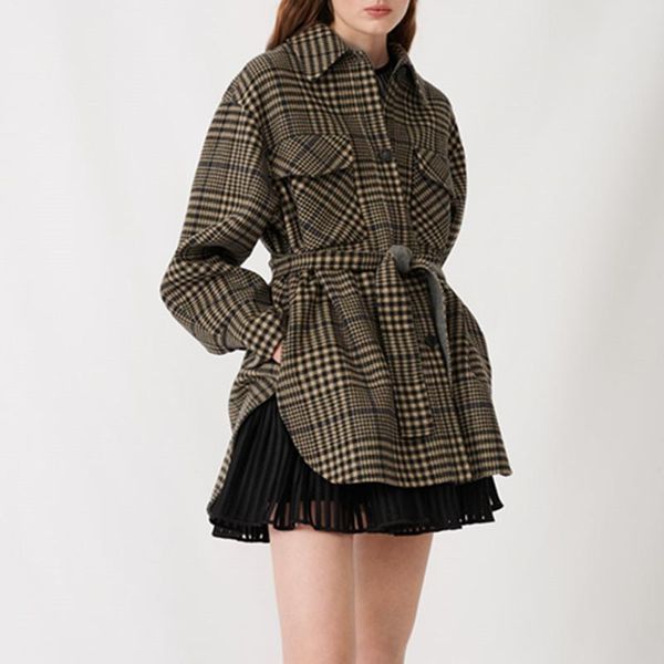 

2020 autumn and winter loose plaid lace woolen coat coat women, Black