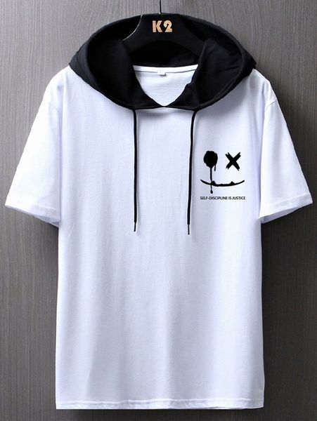 

romwe guys slogan & cartoon graphic drawstring hooded tee t7yd#, White;black