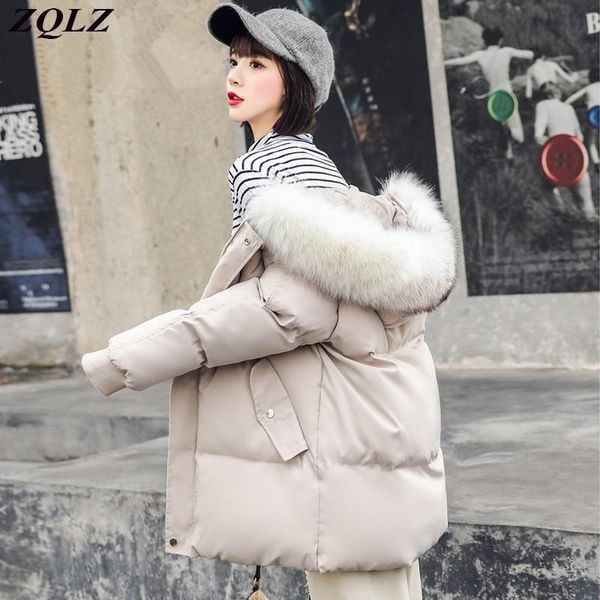 

zqlz 2021 new warm cotton coat loose jacket women winter hooded casual black overcoat short parkas mujer winter coats womens