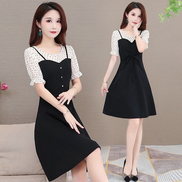 

a4j0u polka dot dress stitching dress women's summer 2020 korean short fit medium length sleeve large fashion waist a-line skirt slim 4, Black;gray