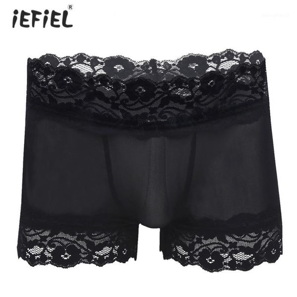 

underpants iefiel sissy mens lingerie open crotch panties mesh lace buboxer short crotchless underwear hollow out panties1, Black;white