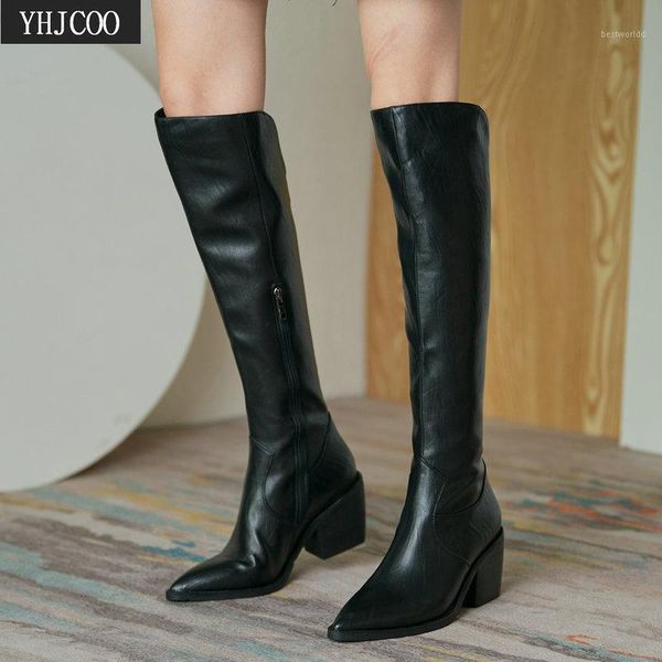 

boots fashion women warm winter pointed toe square heel knee high knight for wide calf shoes plus size 431, Black
