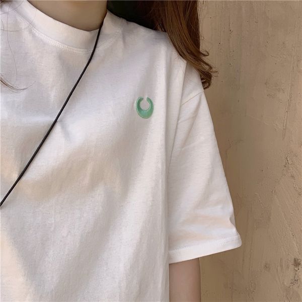 

rkdya короткой длина рукава женщины вышивка нового простой луна top 2020 вышивки футболки лето корейской сыпучей среды футболка топ моды ins, White