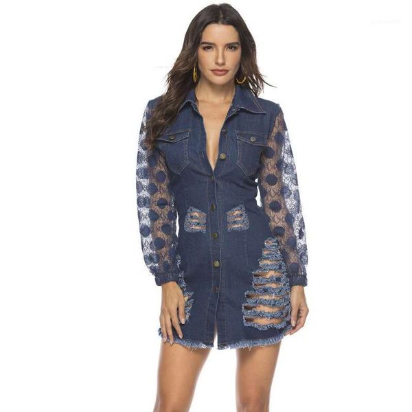 

cinessd women lapel long sleeves mini denim dress navy cardigan button hole patchwork sheath bodycon lace short dresses1, Blue
