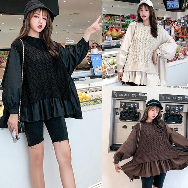 

women casual fake two piece loose knitting sweater long sleeve blouse 649c, White;black