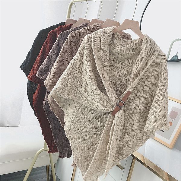 

autumn and winter with triangle knitting wool buckle decoration women's shoulder scarf cape neck, Blue;gray