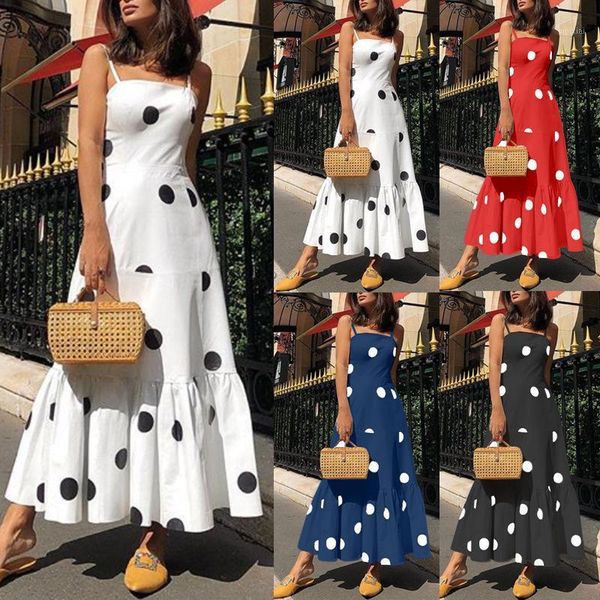 

sleeveless spaghetti strips dress 2020 summer new elegant polka dot ruffled long dress female women clothes maxi vestidos robes1, Black;gray