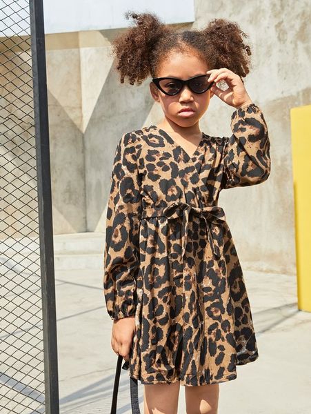 

girls leopard print lantern sleeve belted dress she, Red;yellow