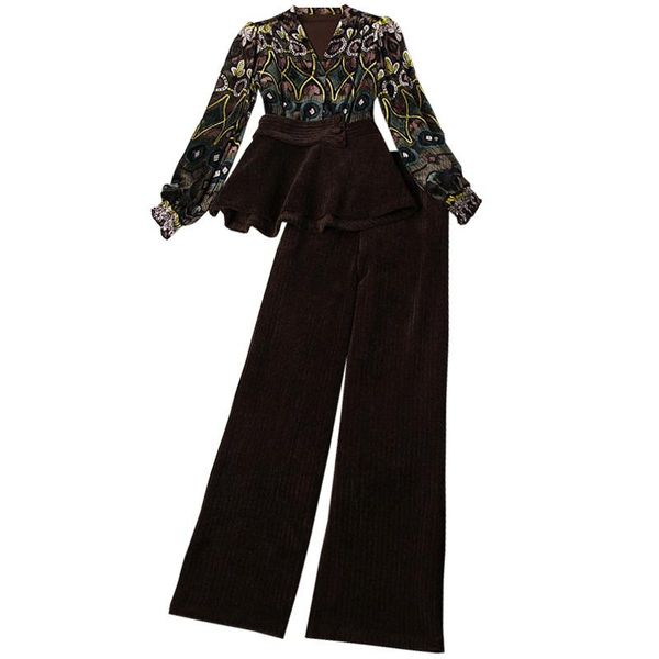 

ewq] 2021 spring women vintage 2 piece set coffe panelled print corduroy v-neck short elastic waist wide leg pants 8y582, Gray