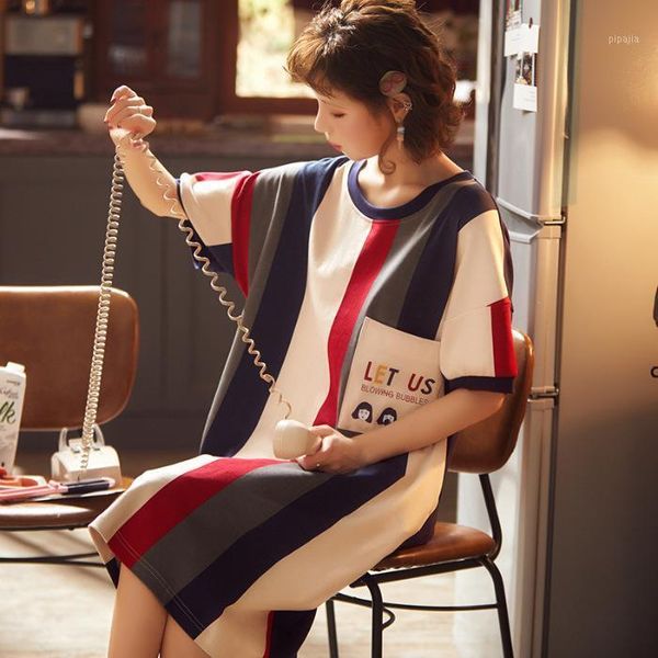 

kawaii women nightgown red stripe splicing nightdress cotton loose sleepwear women cute cartoon letter pocket sleepdress1, Black;red