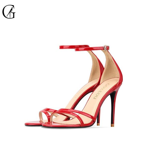 

goxeou women's sandals patent leather ankle strap round toe high heels party nightclub fashion office lady shoes size 32-46, Black