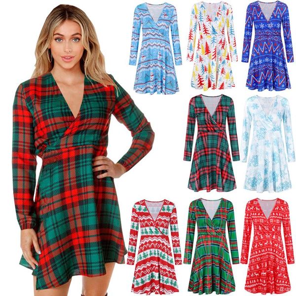 

осень / зима 2020 новый v-образным вырезом с длинным рукавом платье рождество проверьте нашивки печати платье тонкий knit юбка, Black;gray