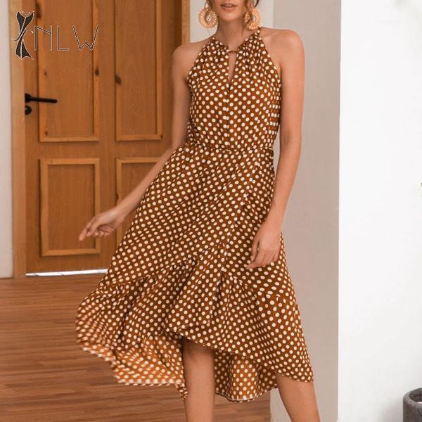 

nlw vintage polka dot maxi dress women sleeveless holiday dress elegant halter ruffle casual party autumn winter1, Black;gray
