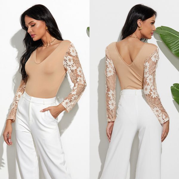 

women's lace sleeve bodysuits long pure sleeve slim jumpsuits v neck solid t shirts for outing street style bodysuits for daily outing, Black;white