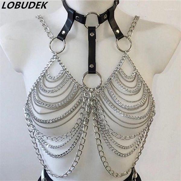 

european nightclub dj women singer stage wear pu leather metal chain accessories bar club party nightclub dancer costume1, Black;red