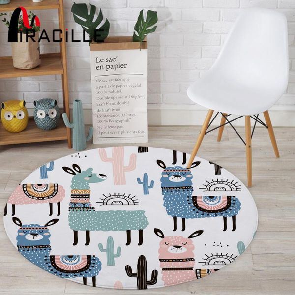 

miracille cartoon style alpaca pattern round carpet non-slip bath mat soft fluffy coral velvet area rug for living room decor