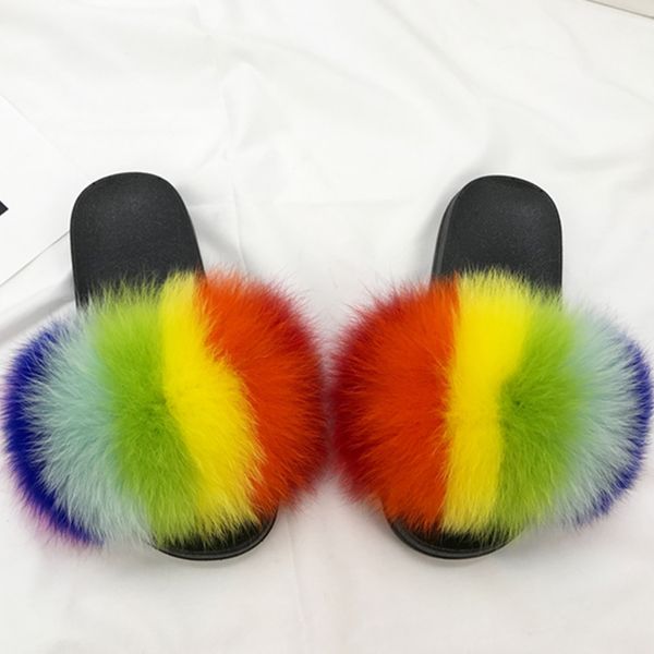 

real fox fur slippers women home fluffy sliders comfort furry summer flats sweet ladies shoes female furry indoor flip flops x1020, Black
