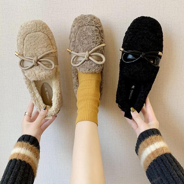 

boots women bowknot plush shoes autumn winter wear lambs wool flat fluffy cotton ankle c537, Black