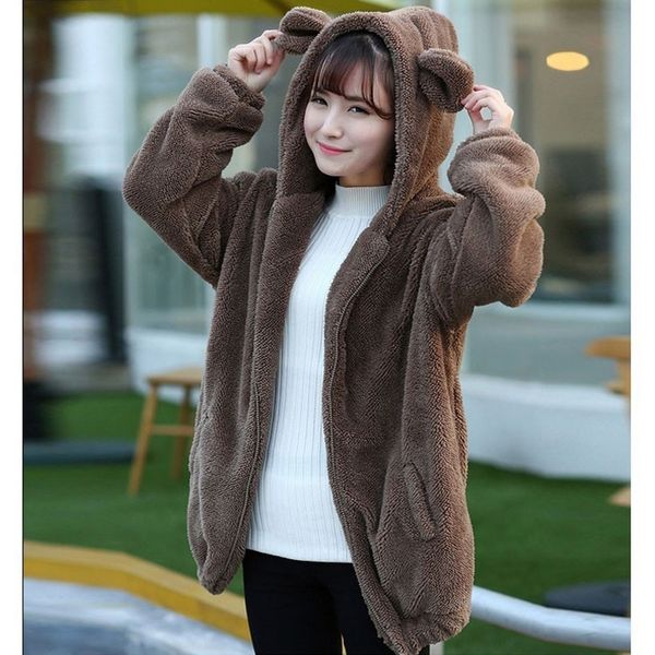 

sleeves solid cute fashion hoodie bear woman color cartoon casual zipper coat long sweater gjtup, Black