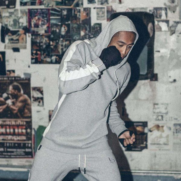 

sleeve running fitness night men's long hoodie training zipper leg pants two piece suit, Gray