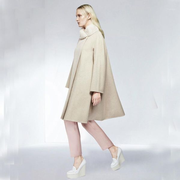 

cute women's woolen cloak with fur collar, winter all-match beige gray wool outerwear coat1, Black