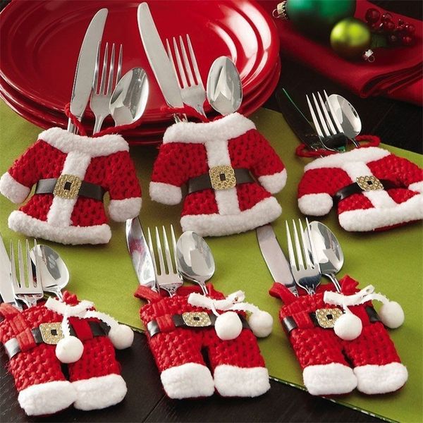 6 pcs Ano Novo Árvore de Natal Pendurado Decorações Chirstmas Titular De Talheres Faca De Faca De Forquilha De Cutelaria Definido Skirt Calças Navidad Natal, Q Y201020