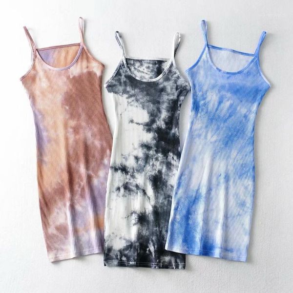 

casual dresses fashion women solid spaghetti straps backless sleeveless bottom length tie dye print rib knit camiole dress ladies dress1, Black;gray