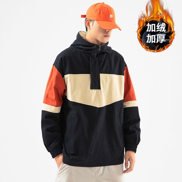

2020 winter new plush hooded loose fashion urban color matching large men's jacket, Black;brown