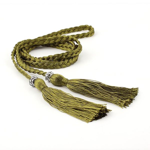 

70 cm women ladies woven faux leather belts thin candy colors thin belts rope sling for women tassels slim waist, Black;brown