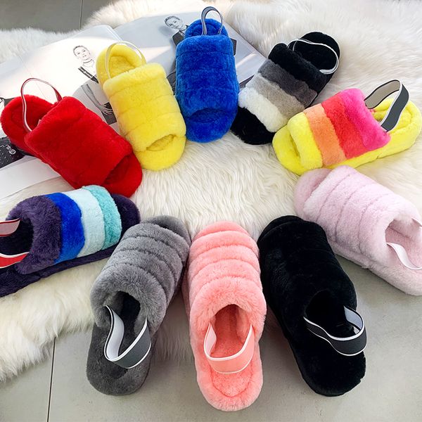 

australia fashion casual shoes infants fluff yeah slide winter slipper fuzz slippers women fluffy faux furry slides fur mink sandals fnyi#, Black